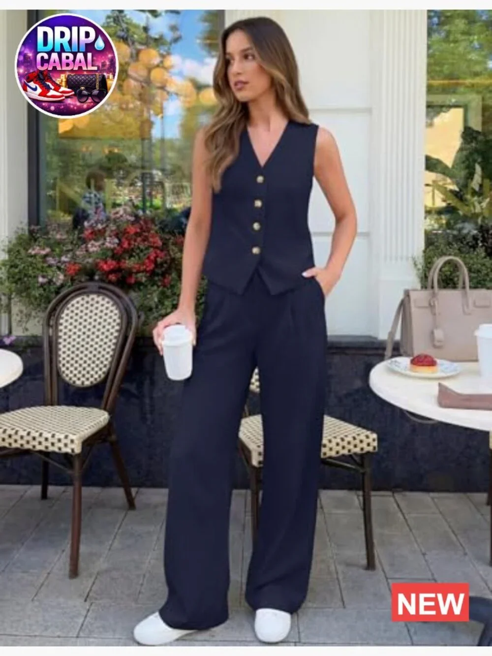 2 Piece Sleeveless Vest Wide Leg Pants Suit Set